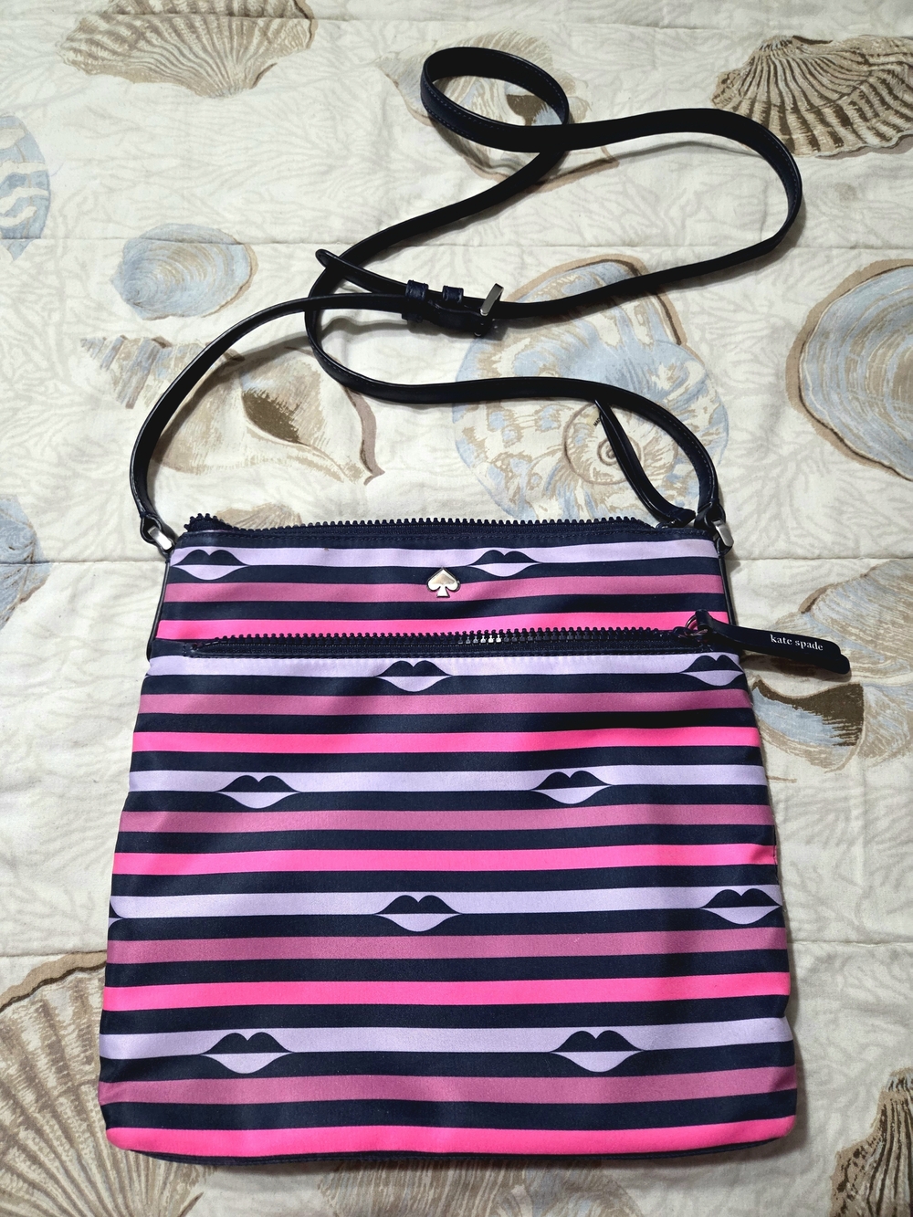 Kate Spade Pink & Navy Striped Lips Design Crossbody Bag